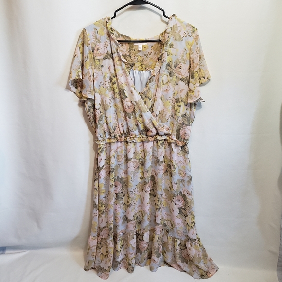 LC LAUREN CONRAD Pastel Floral Flutter Sleeve Faux Wrap Midi Chiffon Dress XXL - Picture 1 of 8